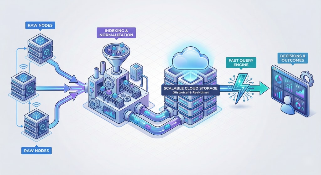 A flowchart illustrating modern blockchain cloud infrastructure, detailing the journey from raw nodes through indexing, cloud storage, and query engines to final business decisions.