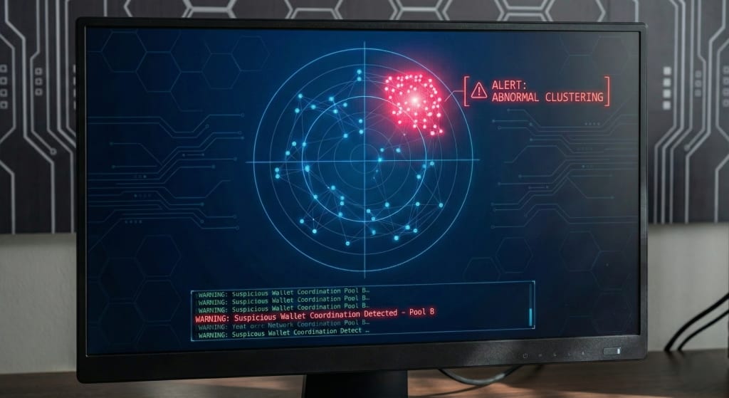 A blockchain security analytics dashboard highlighting real-time alerts for abnormal transaction clustering and suspicious wallet coordination.
