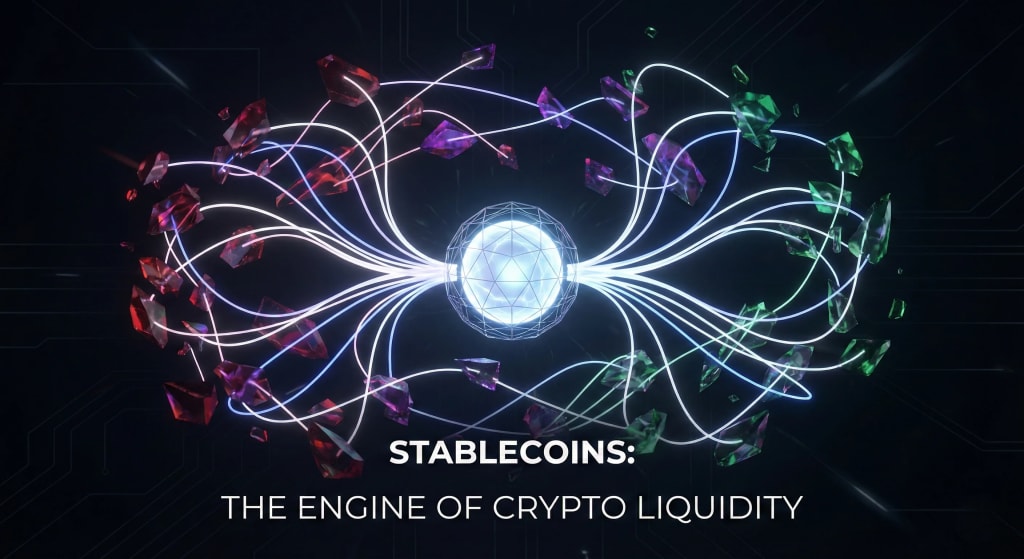 Abstract digital visualization showing stablecoins as a central glowing hub connecting various volatile cryptocurrency assets, illustrating their role as the engine of market liquidity.