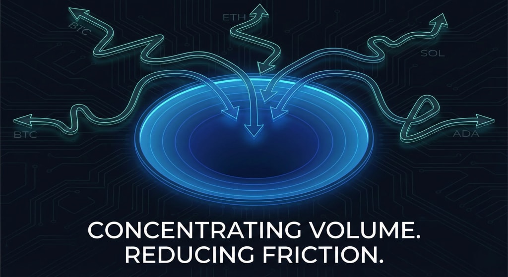 Infographic illustrating how stablecoin base pairs concentrate cryptocurrency trading volume into deeper pools, thereby reducing friction between trades compared to volatile asset pairs.