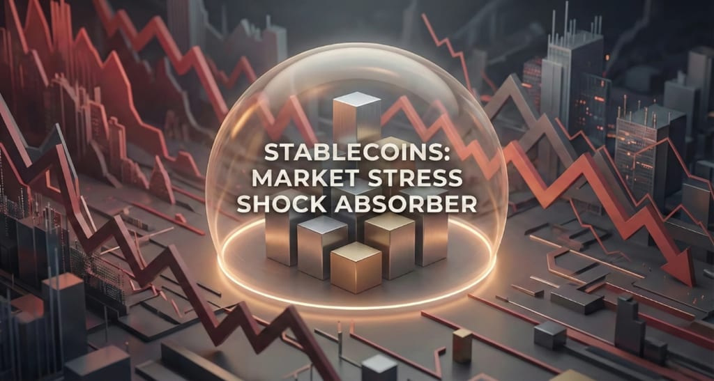 Visual metaphor showing stablecoins acting as a protective shock absorber, providing a safe harbor for capital during periods of intense cryptocurrency market stress and volatility.