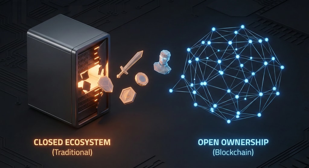 Abstract visualization illustrating in-game assets moving from a closed traditional gaming server to an open decentralized blockchain network, representing true ownership.