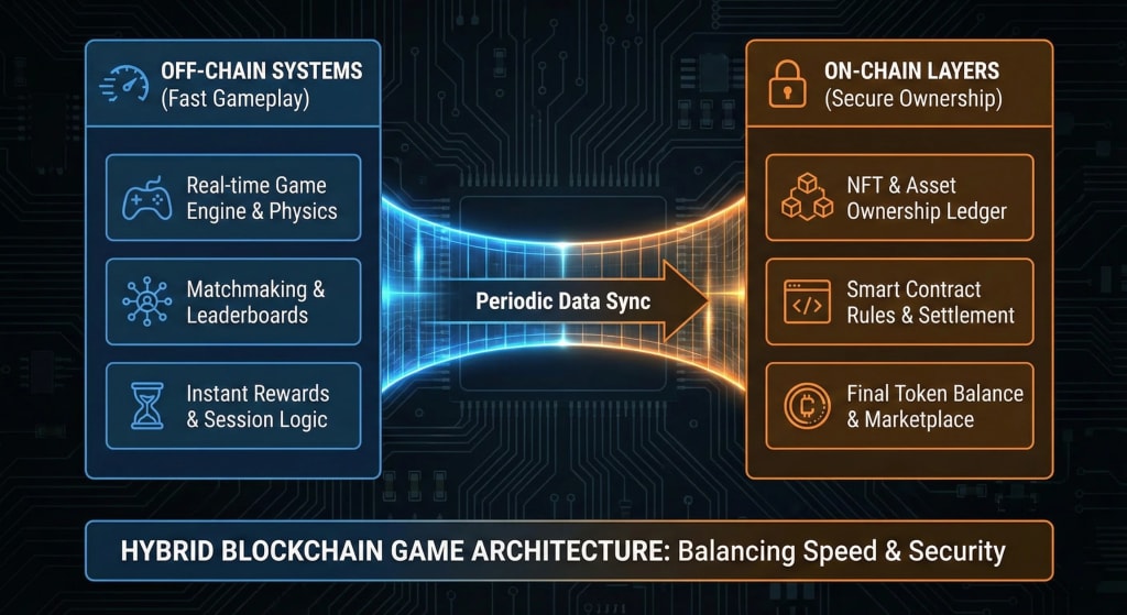 Infographic diagram showing the hybrid architecture of blockchain games, separating fast off-chain gameplay functions from secure on-chain ownership and settlement layers.