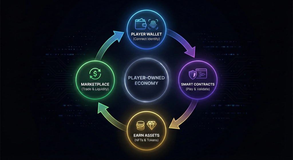 Infographic diagram showing the hybrid architecture of blockchain games, separating fast off-chain gameplay functions from secure on-chain ownership and settlement layers.