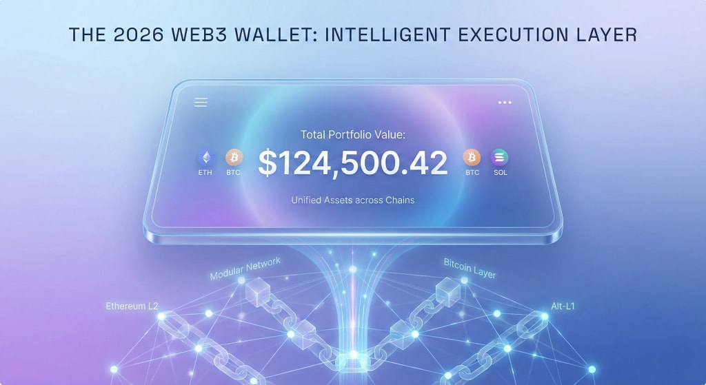Futuristic 2026 mobile crypto wallet interface showing unified multi-chain asset visibility and hidden complex blockchain infrastructure.