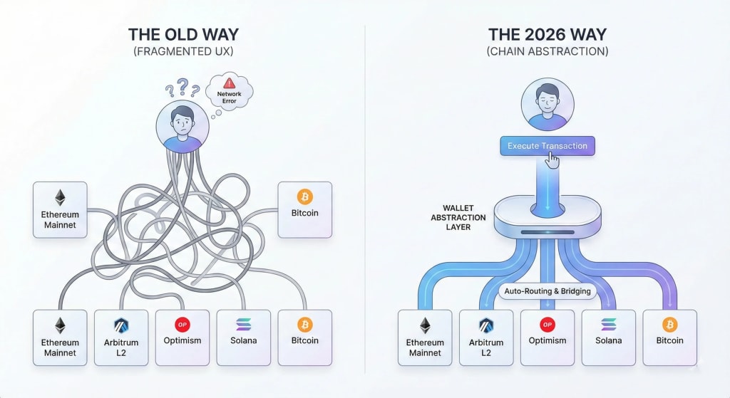 Infographic comparing fragmented legacy crypto wallet UX with the unified chain abstraction experience expected in 2026 Web3 wallets.