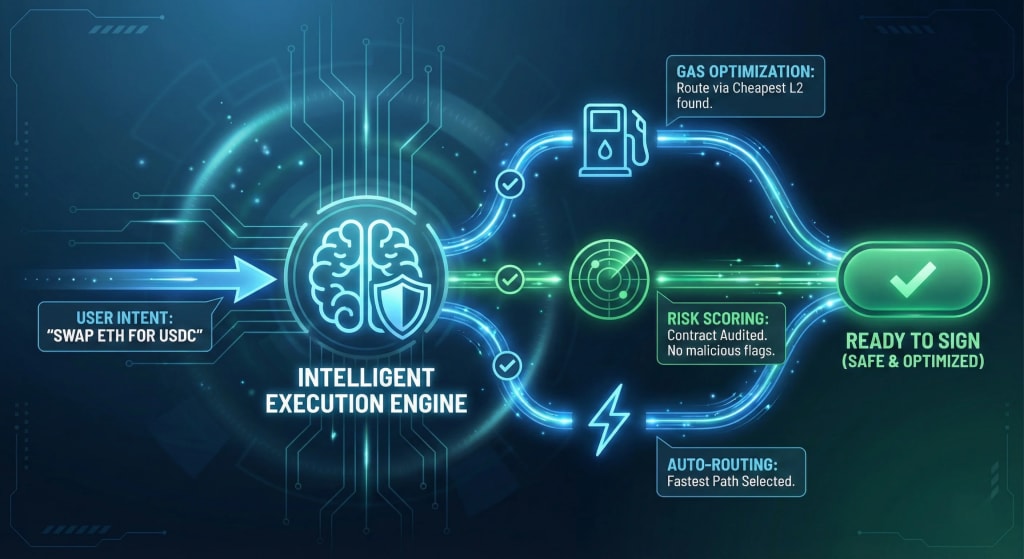 Diagram illustrating smart automation features in modern cryptocurrency wallets, including gas optimization, risk scoring, and auto-routing before transaction signing.