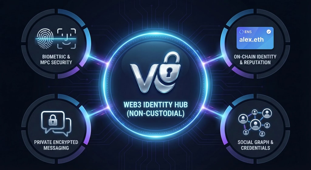 Hub and spoke diagram showing a 2026 crypto wallet acting as a central hub for non-custodial security, on-chain identity (ENS), private messaging, and social graph integration.