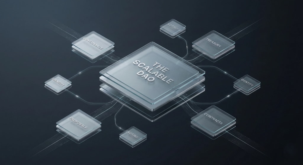 EthElite DAO Governance Guide - Professional 3D illustration of a scalable decentralized autonomous organization architecture in dark mode.