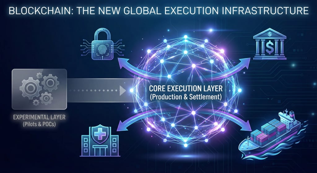 Infographic illustrating the evolution of blockchain technology from experimental pilots into a core production execution layer across global industries like finance, supply chain, and healthcare.
