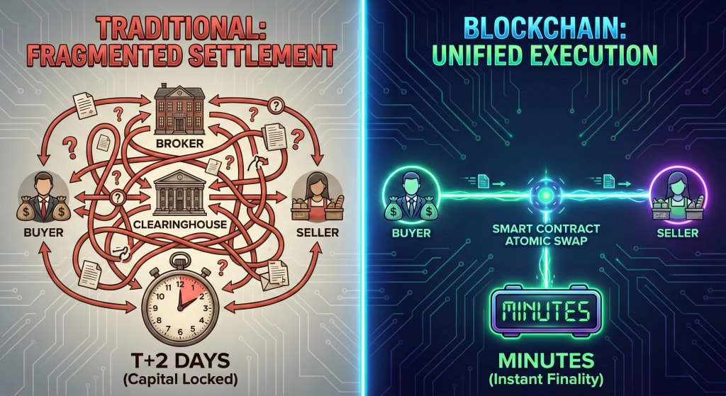 A before-and-after comparison diagram showing traditional financial settlement involving multiple intermediaries taking days, versus blockchain smart contracts enabling direct atomic swap settlement in minutes.