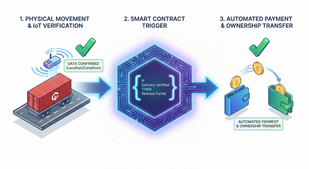 Flowchart illustrating a supply chain smart contract workflow, where IoT verification of physical goods delivery automatically triggers instant payment release on the blockchain without manual invoices.