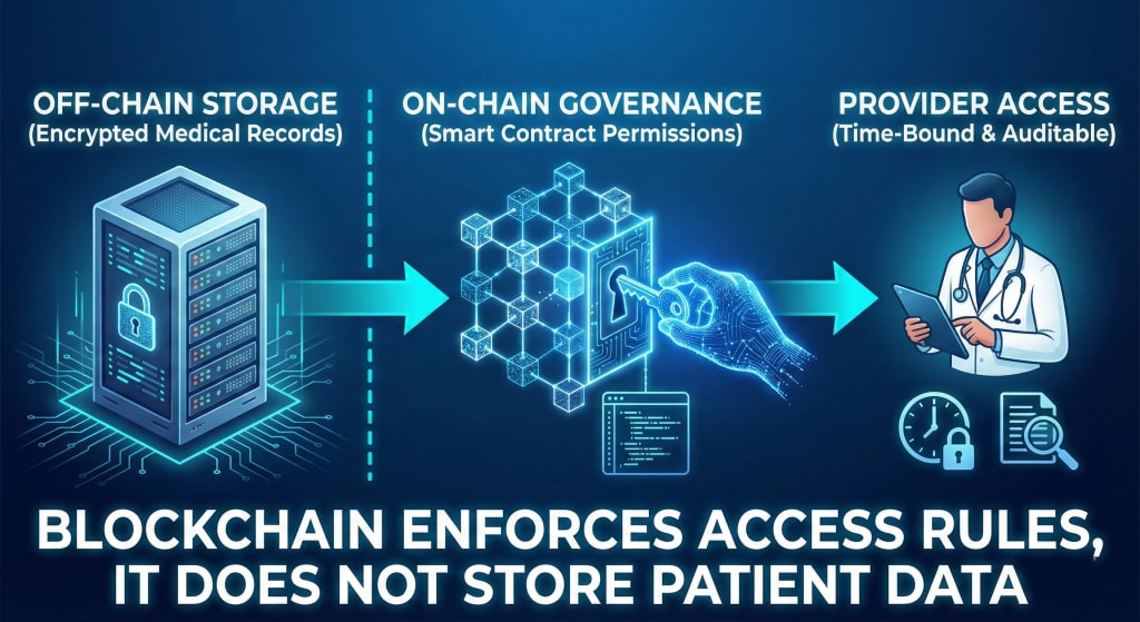 Diagram explaining healthcare blockchain architecture, showing that encrypted medical data remains in off-chain storage while on-chain smart contracts enforce auditable, time-bound access permissions for providers.