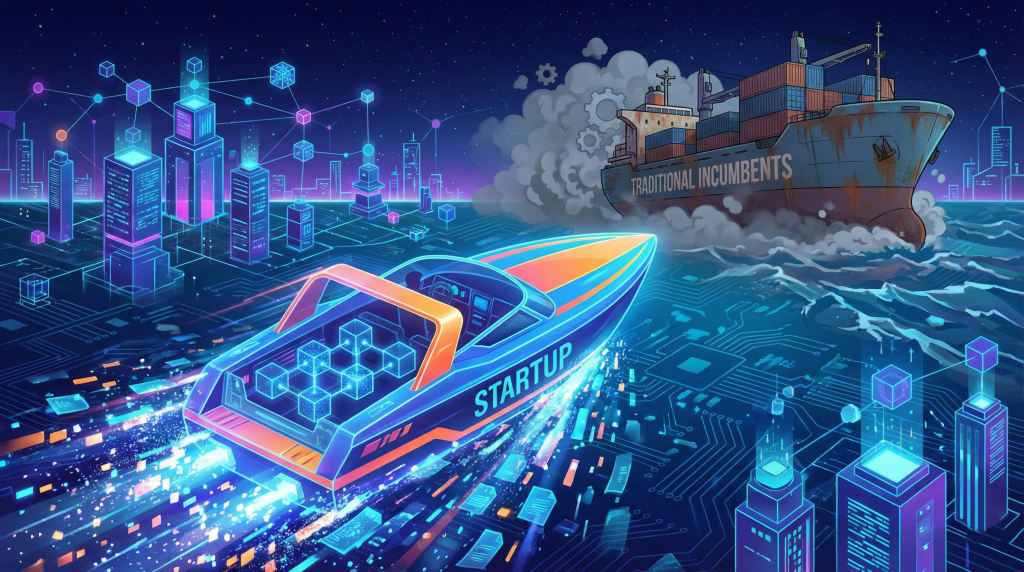 Digital illustration showing a blockchain-powered startup boat outpacing a slow traditional incumbent ship, symbolizing competitive advantage in Web3.