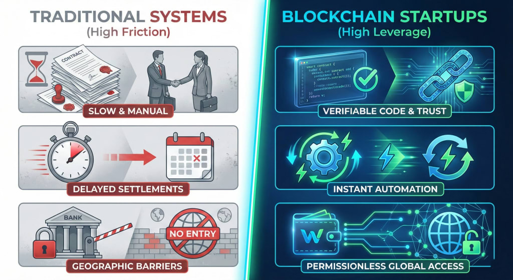 Infographic comparing traditional business friction versus blockchain startup leverage, highlighting verifiable trust, instant automation, and global access.