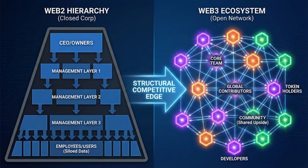 Diagram illustrating the structural difference between rigid Web2 corporate hierarchies and decentralized Web3 ecosystems used by successful blockchain startups for collaboration.
