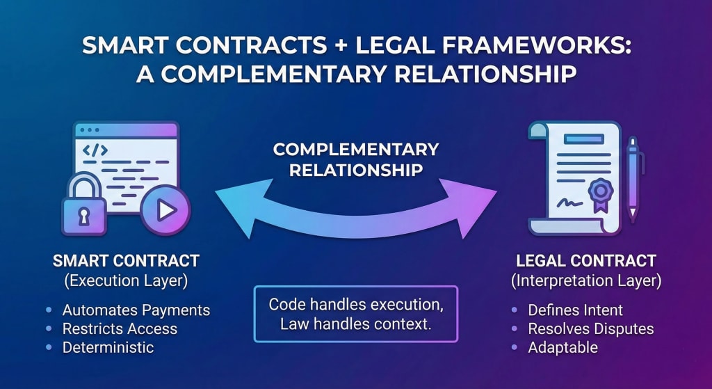 Diagram illustrating the complementary relationship between smart contracts (the execution layer for deterministic automation) and traditional legal contracts (the interpretation layer for defining intent and resolving disputes).