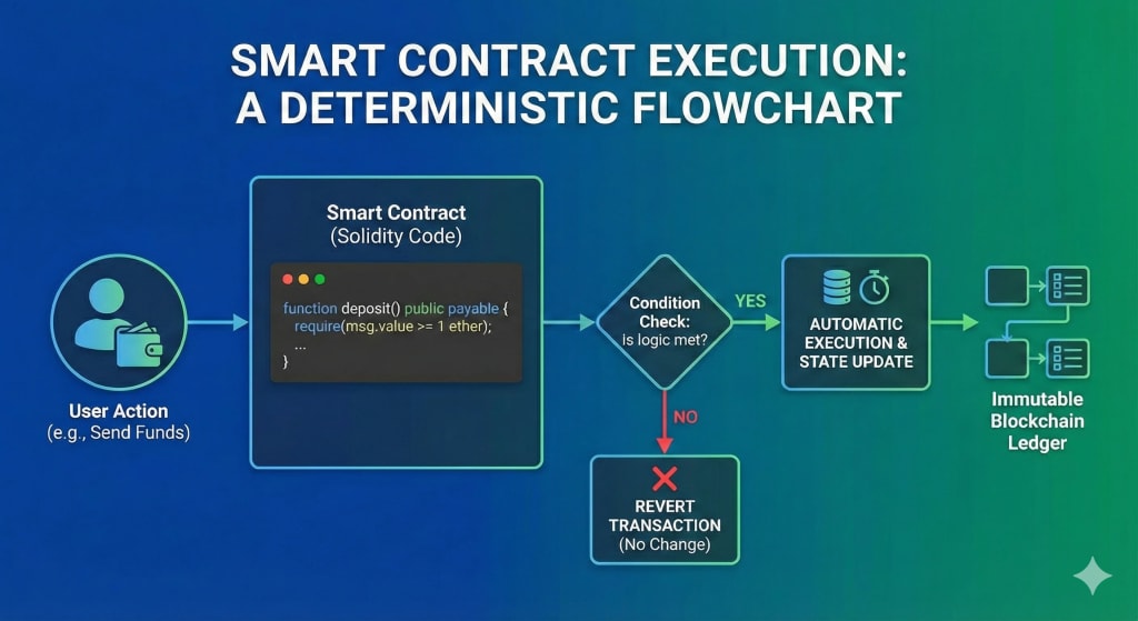 A flowchart diagram showing the deterministic execution process of a smart contract. A user action triggers the Solidity code, which performs a condition check. If the condition is met, the contract automatically executes and updates the blockchain ledger; otherwise, the transaction is reverted.
