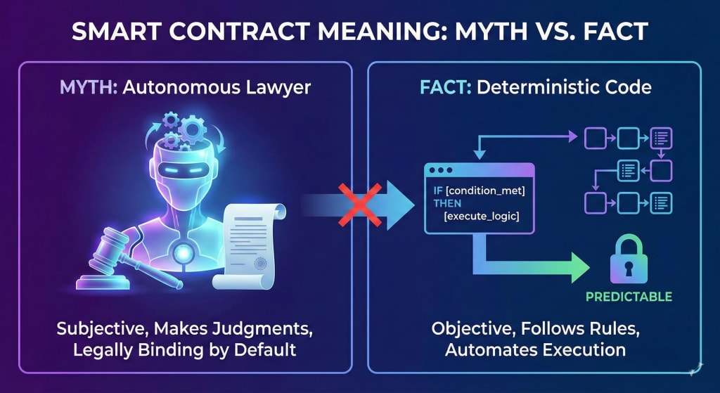 Infographic illustrating the difference between the myth of a smart contract as an autonomous lawyer and the fact of it being deterministic code that automates execution based on predefined rules.