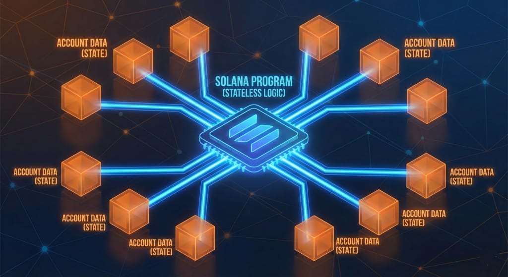 Infographic illustrating Solana smart contract architecture, showing the separation between stateless program logic and external account data storage for high-speed DeFi.