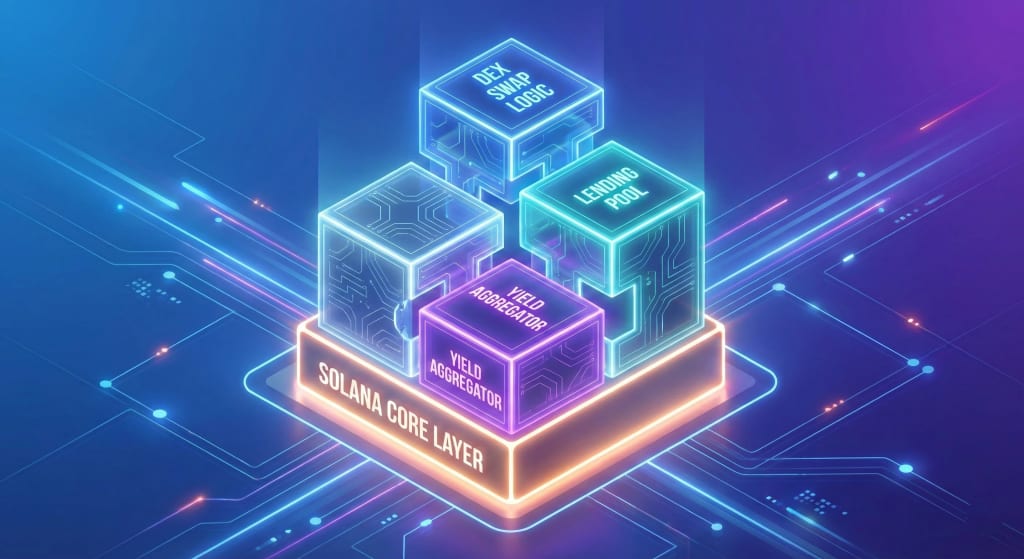 3D illustration showing modular DeFi components like DEXs and lending protocols interlocking as composable infrastructure on the Solana blockchain foundation