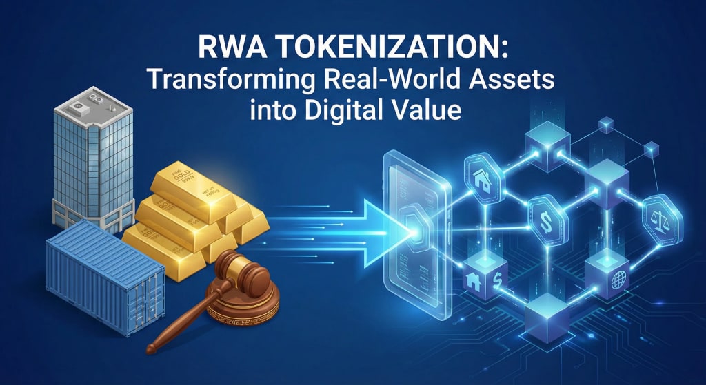 Infographic illustration showing physical assets like real estate and commodities transforming into digital tokens on a blockchain network.