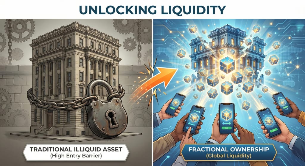 Diagram illustrating how a large, illiquid real estate asset breaks down into fractional digital tokens, enabling broader investor access and liquidity.