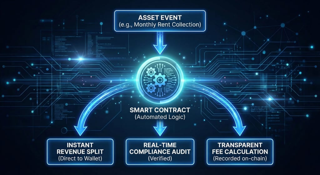 Flowchart demonstrating how blockchain smart contracts automate asset operations like revenue distribution, compliance checks, and fee calculations without manual intermediaries.