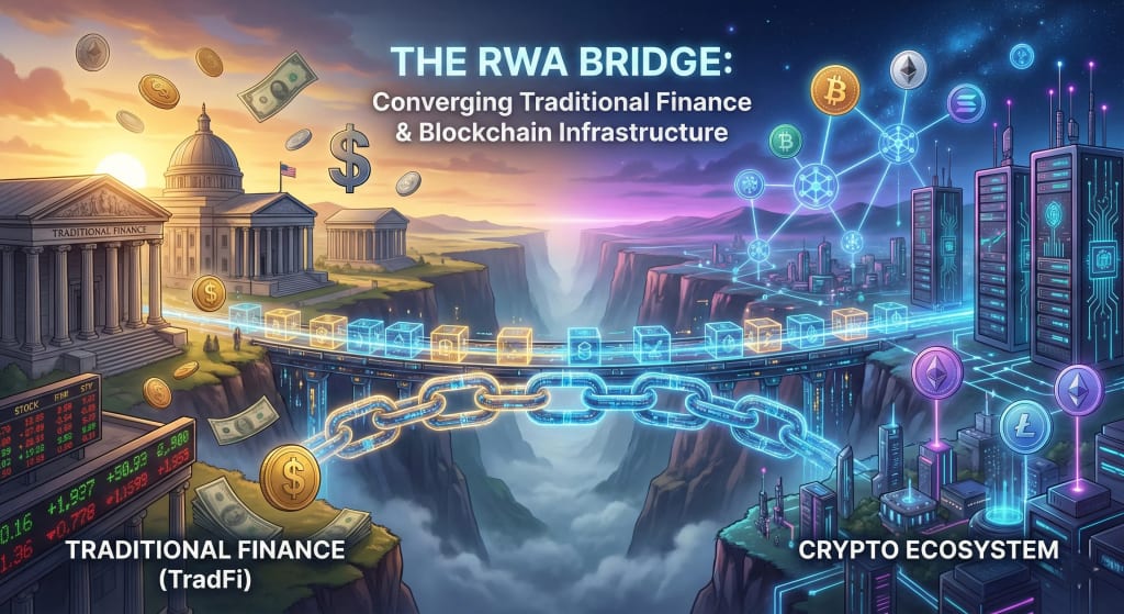 Conceptual illustration showing real-world asset (RWA) tokenization acting as a technological bridge connecting traditional financial institutions with the decentralized crypto ecosystem.