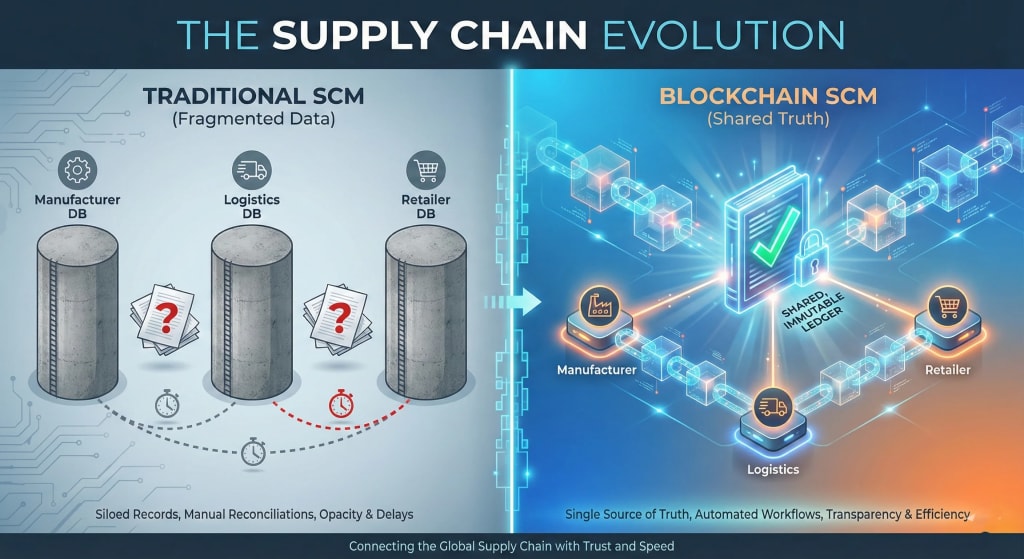 A comparison infographic illustrating fragmented data silos in traditional supply chain management versus the transparent, shared ledger providing a single source of truth in blockchain supply chains.