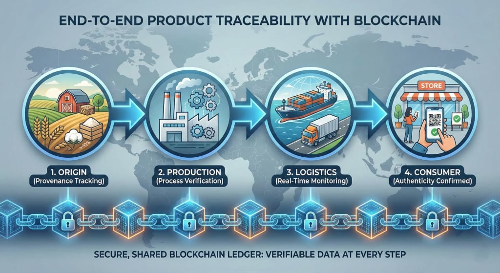 Flowchart demonstrating end-to-end supply chain traceability using blockchain, showing steps from raw material provenance and production verification to real-time logistics monitoring and final consumer authenticity checks.
