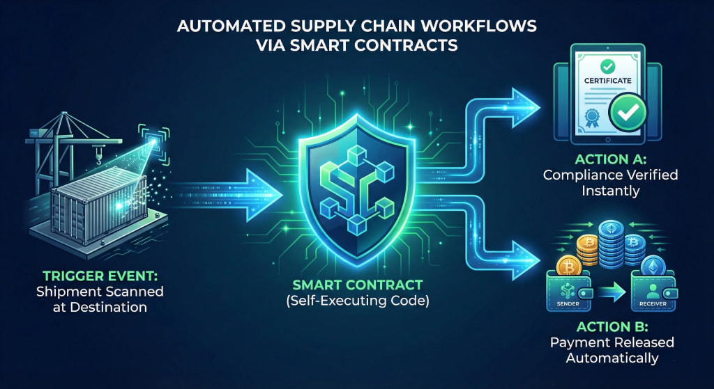 Diagram illustrating how smart contracts utilize blockchain to automate supply chain efficiency, showing a trigger event (shipment scan) leading to instant compliance verification and automatic payment release without intermediaries.
