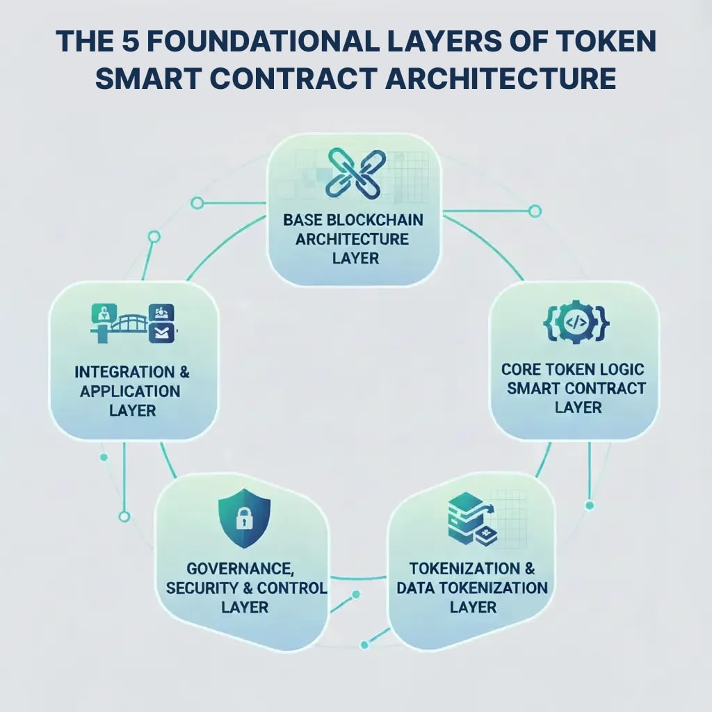 Infographic detailing the five foundational layers of token smart contract architecture: Base Blockchain Architecture, Core Token Logic, Tokenization, Governance and Security, and Integration. Essential guide for blockchain developers and token system designers.
