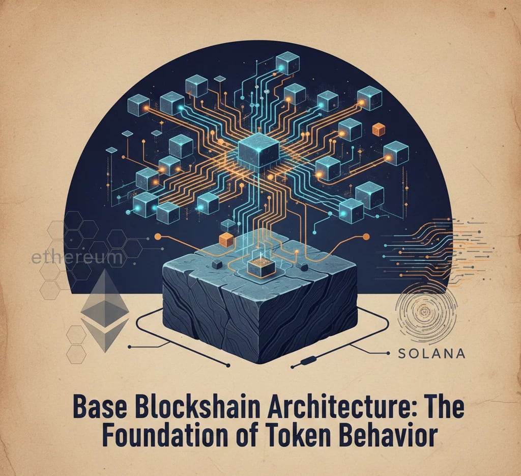 Graphic representing the Base Blockchain Architecture Layer, the foundational element for token systems. Illustrates how underlying blockchain networks like Ethereum and Solana influence token behavior and smart contract design. Key for blockchain consulting and foundational architecture.