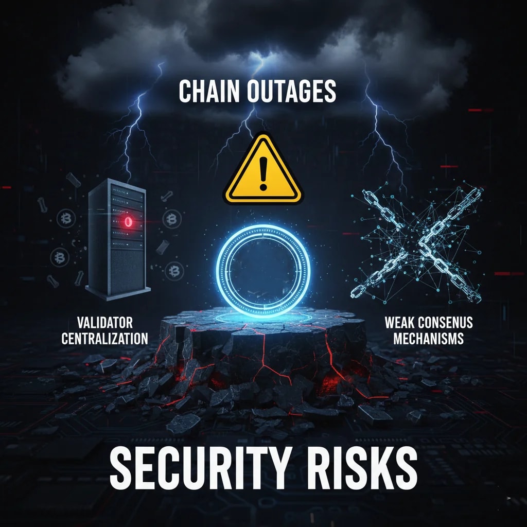 A graphic illustrating the security and reliability risks of deploying a crypto token on an unstable blockchain, highlighting issues like chain outages, validator centralization, and weak consensus mechanisms. This emphasizes the inherent systemic risks to token projects.