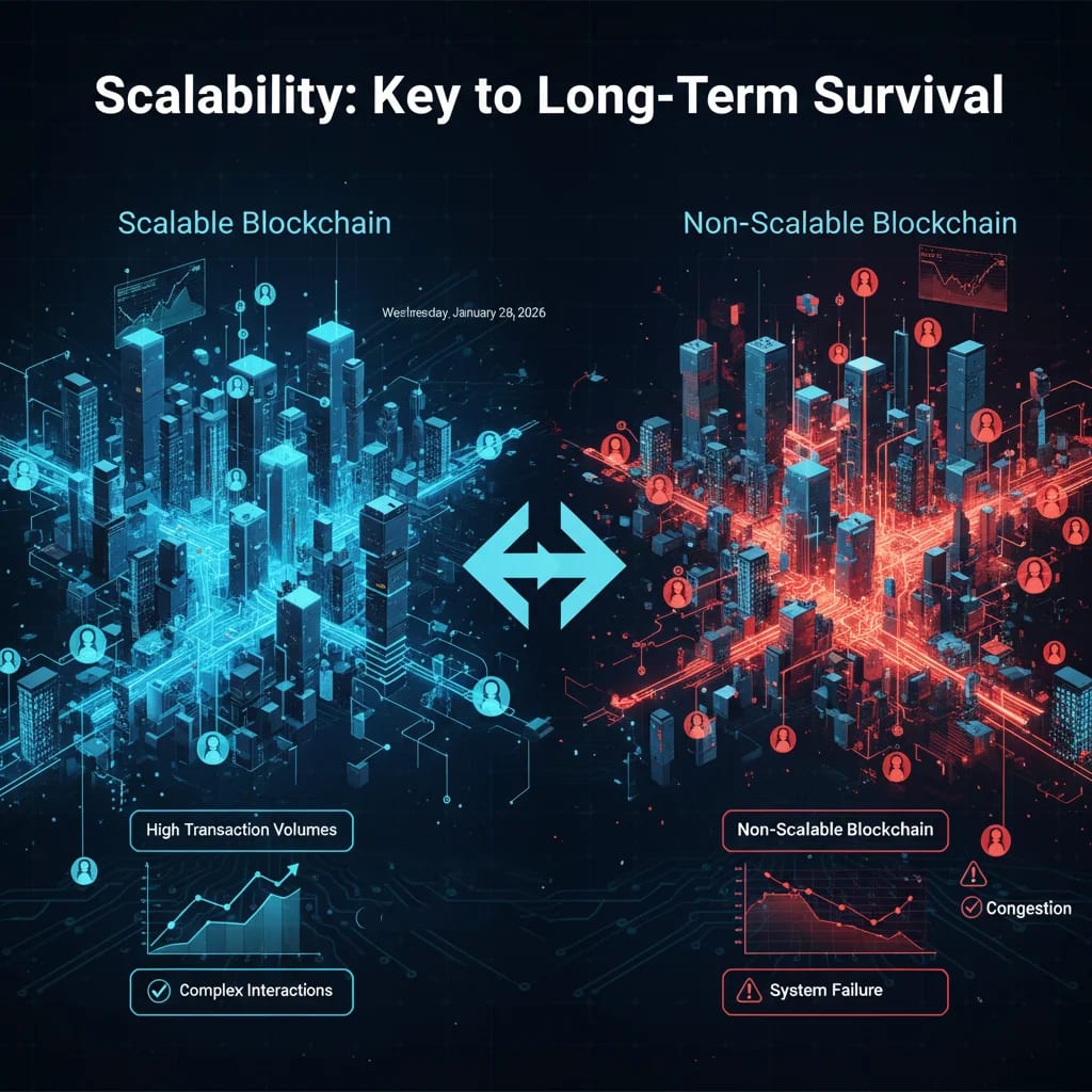 A graphic demonstrating the importance of blockchain scalability for the long-term survival of crypto token projects. It contrasts a scalable blockchain effortlessly handling high transaction volumes with a non-scalable chain collapsing under user demand, emphasizing sustained growth.