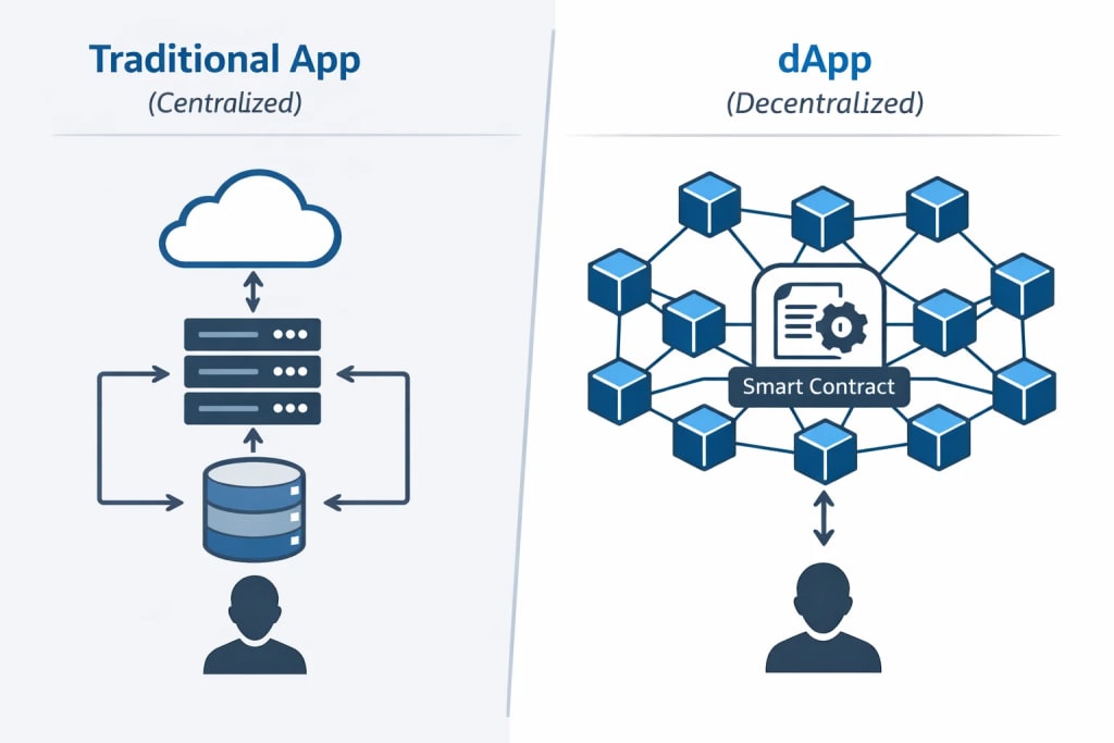 Infographic comparing traditional centralized applications with decentralized applications (dApps) running on blockchain, highlighting the shift from single servers to distributed networks and smart contracts.