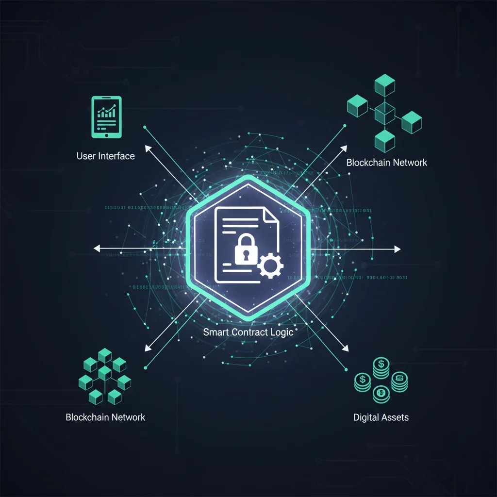 Visual representation of a smart contract as the core engine of decentralized applications (dApps), illustrating its role in automating transactions, enforcing rules, and managing digital assets on a blockchain.