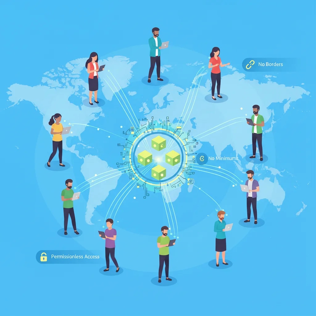 Graphic depicting global financial accessibility through DeFi, showing diverse users worldwide connecting to a blockchain network, symbolizing borderless and permissionless access to financial services.