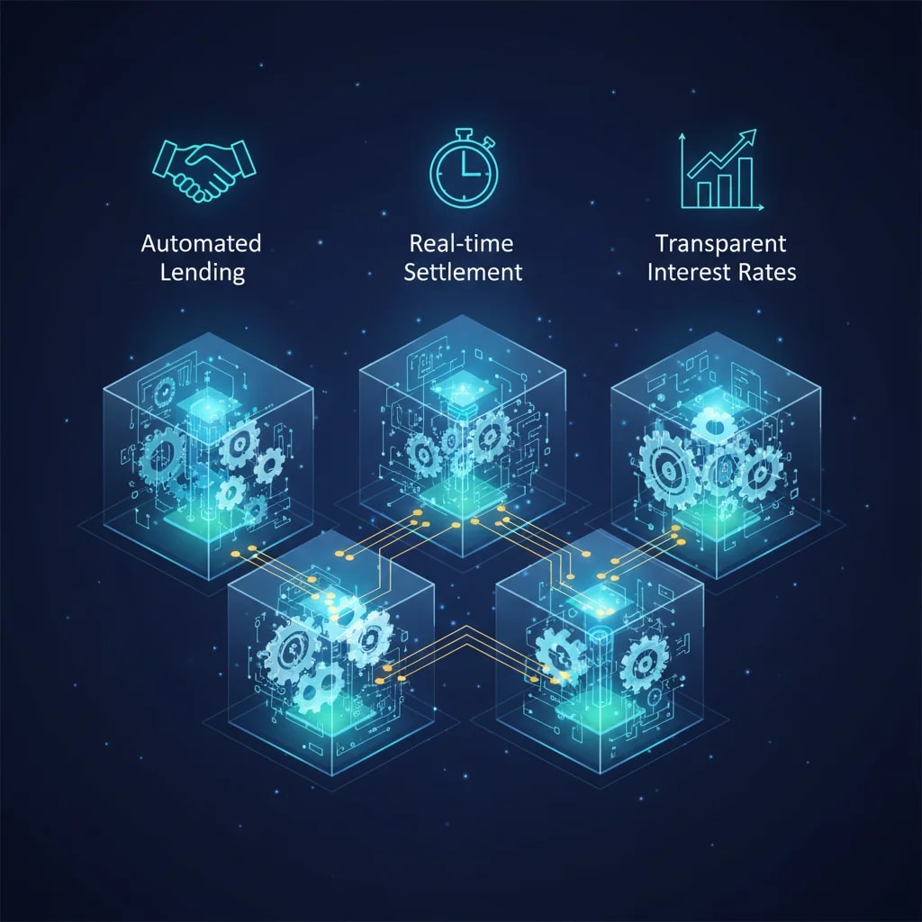 Illustration of smart contracts as programmable financial systems, showing interconnected code blocks automating lending, real-time settlement, and transparent interest rates in DeFi.