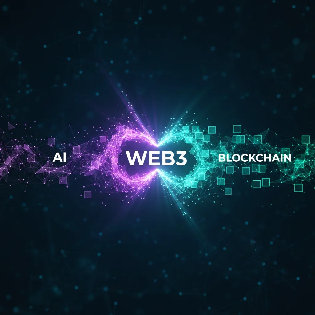 Abstract graphic showing AI and Blockchain energy streams merging to form Web3, symbolizing technological convergence and innovation.
