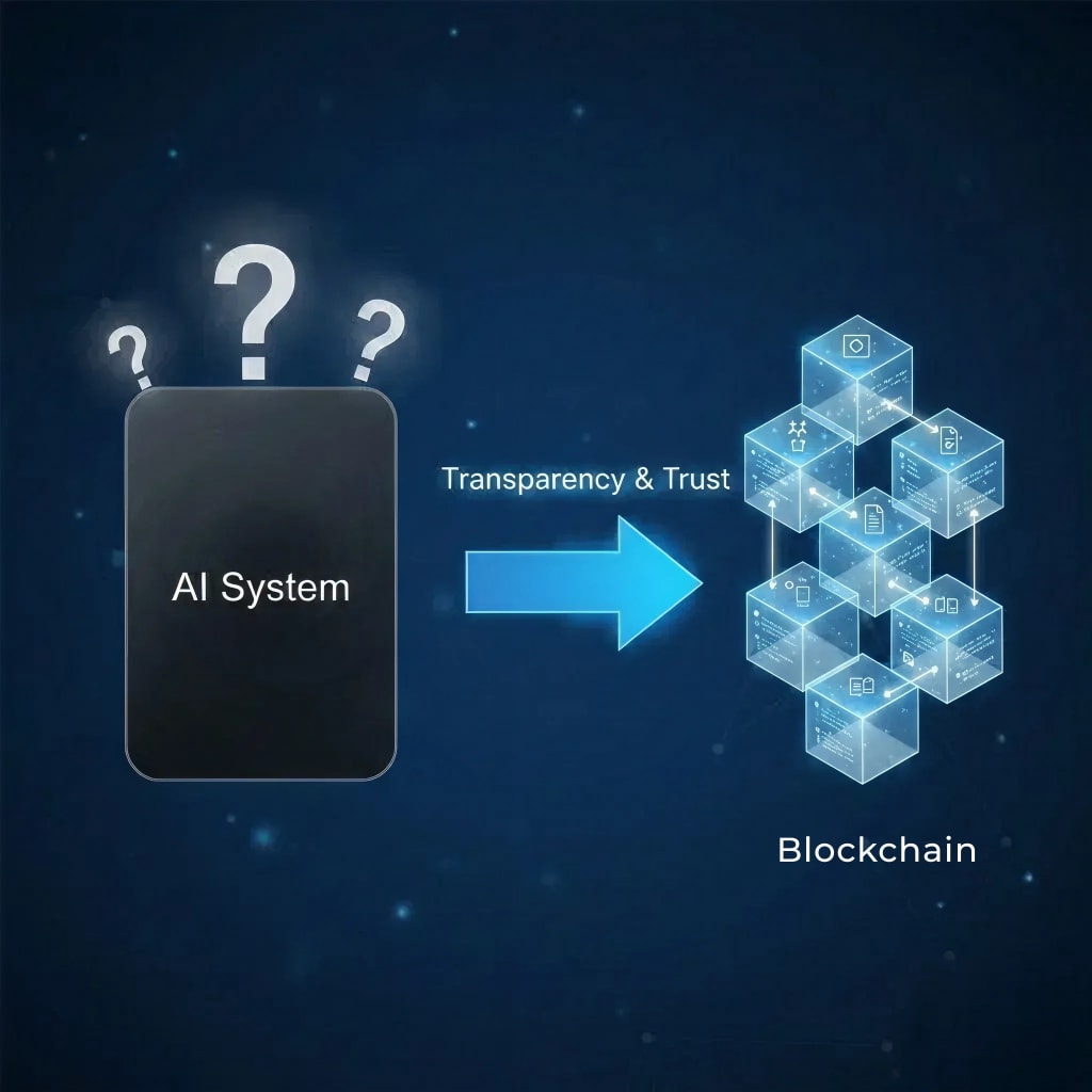 Conceptual graphic showing a transparent blockchain ledger verifying an AI system, illustrating trust and transparency in AI via blockchain.
