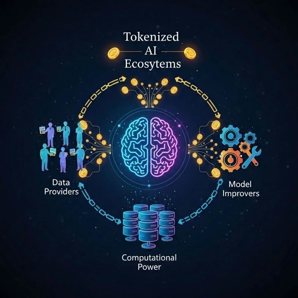 Conceptual graphic showing a tokenized AI ecosystem with blockchain links incentivizing data providers, computational power, and model improvements."
