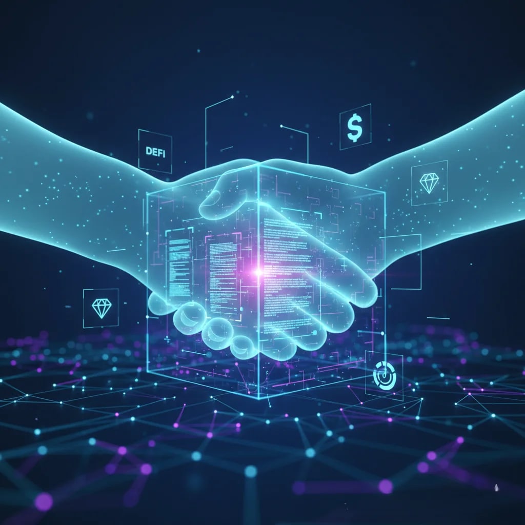 Illustration of multiple decentralized applications (dApps) interconnected and exchanging data across a glowing blockchain network, representing seamless interoperability in Web3.