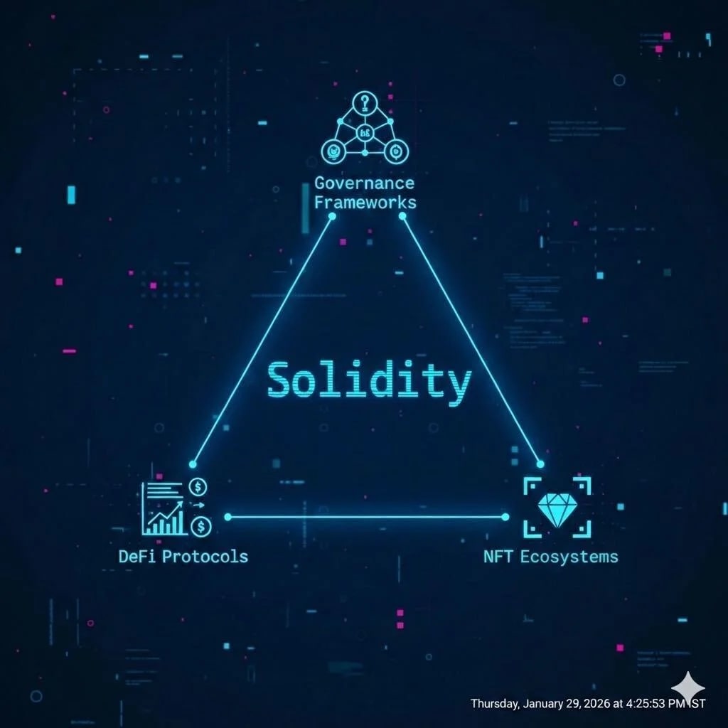 Technical graphic centered on "Solidity" code, with lines extending to represent its influence on DeFi, NFT ecosystems, and governance frameworks in smart contract evolution.