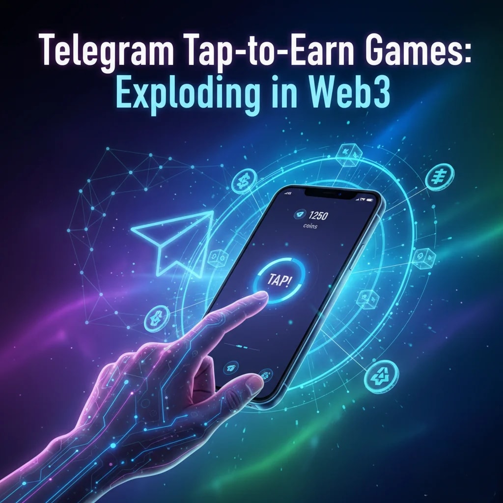 Telegram Tap-to-Earn Games: High-quality graphic showing a hand tapping a phone with a game, surrounded by blockchain symbols and crypto tokens, illustrating Web3 integration and the explosion of tap-to-earn games on Telegram.