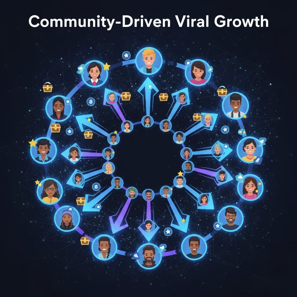 Community-Driven Viral Growth: Graphic depicting interconnected user avatars in a network with arrows, representing referrals and social engagement in Telegram tap-to-earn games, highlighting viral community dynamics and rewards.
