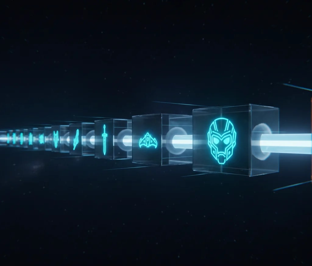 Dynamic graphic illustrating blockchain technology as the backbone of Web3 gaming assets, showing interconnected blocks securing unique game NFTs. Highlights transparency, immutability, and interoperability for digital asset ownership.
