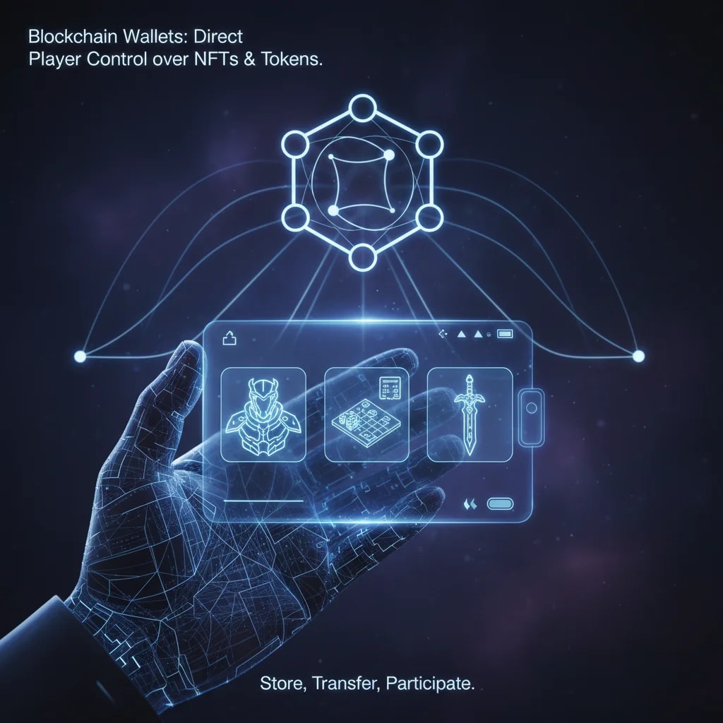 Graphic depicting a blockchain wallet interface holding various NFT game assets, representing direct player control and secure storage. Emphasizes wallet's role in storing, transferring, and participating in Web3 game economies.
