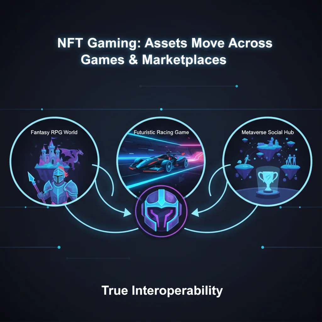 Infographic demonstrating NFT gaming interoperability, showing a single digital asset (NFT) being used seamlessly across multiple distinct gaming environments and marketplaces. Visualizes cross-game utility and persistent value.